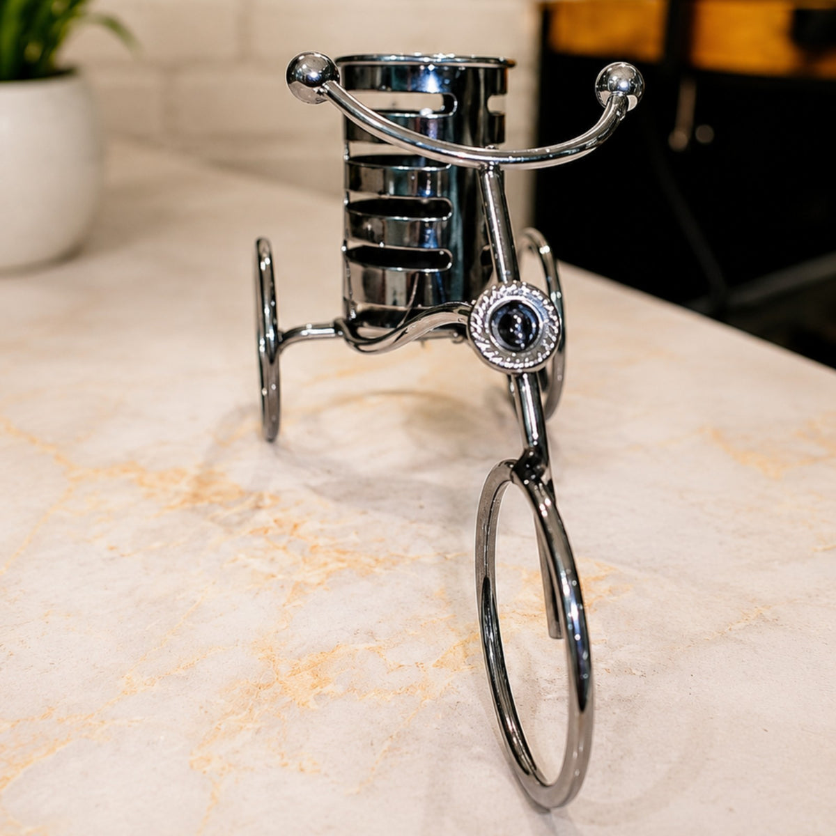 Sthula's Bicycle Pen Stand Decorative Showpiece – Silver Metal Cycle Desk Organizer