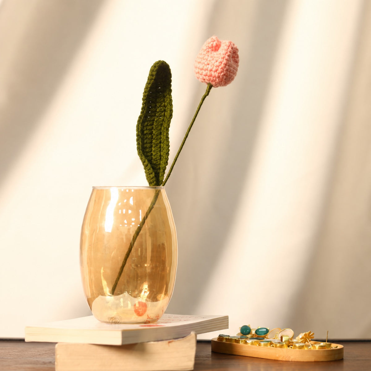 Sthula's Handmade Crochet Peach Tulip Flower with Green Leaf & Stem