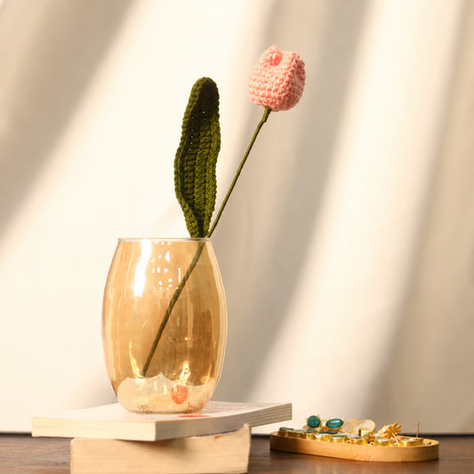 Sthula's Handmade Crochet Peach Tulip Flower with Green Leaf & Stem