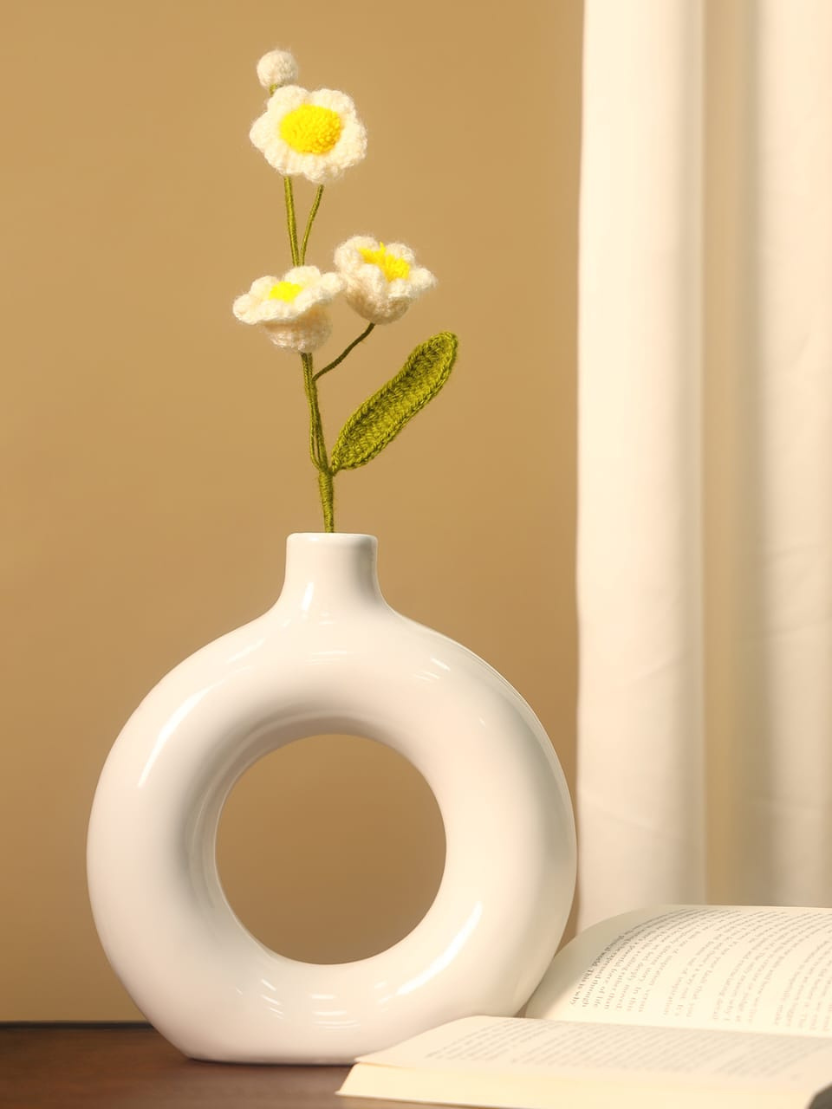 Sthula's Handcrafted Handmade White & Yellow Wool Daisy Flower Stem