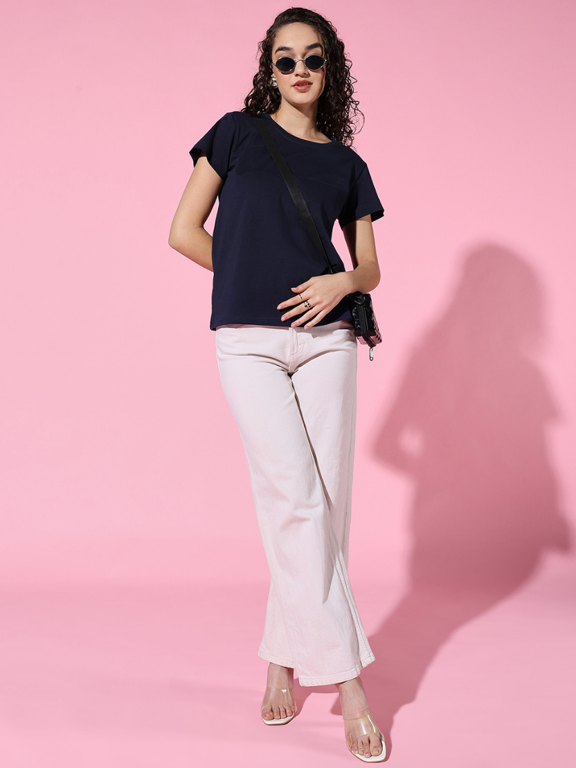 Sthula's Women Dark Blue Cotton T-Shirt