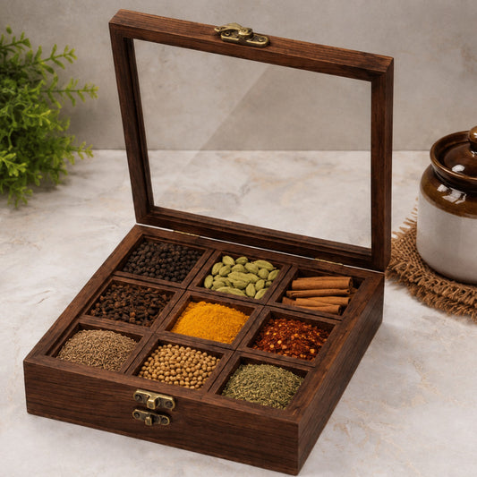 Sthula's Handmade Wooden Brown Spice Storage Box With 9 Compartments