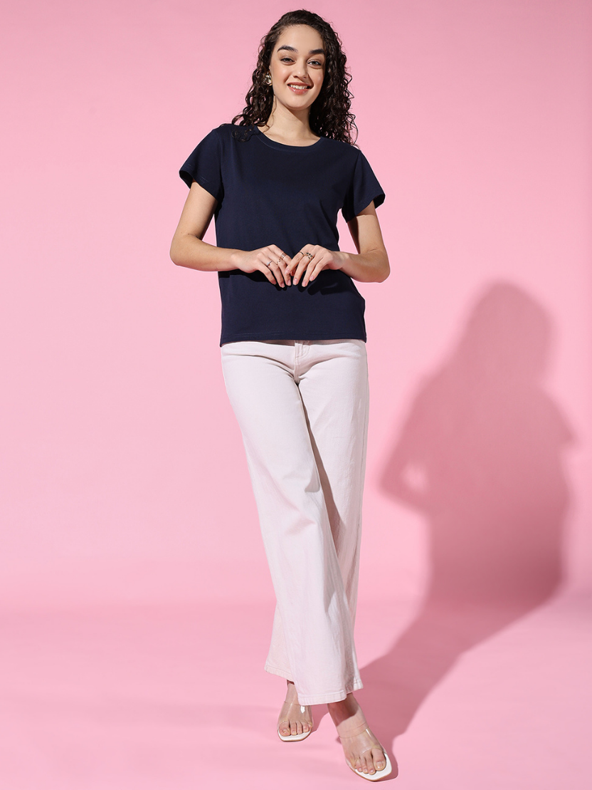 Sthula's Women Dark Blue Cotton T-Shirt