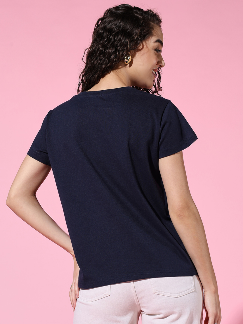 Sthula's Women Dark Blue Cotton T-Shirt
