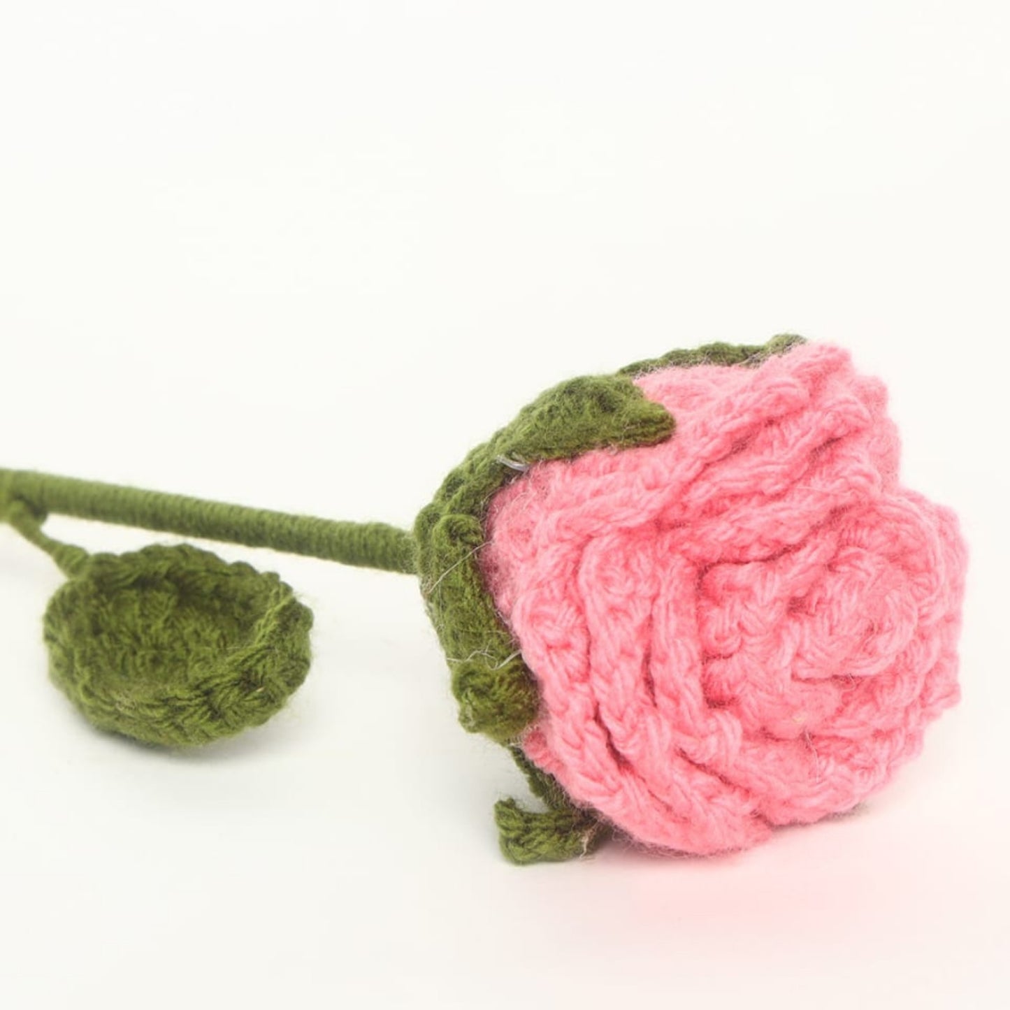 Sthula's Handmade Crochet Pink Rose Flower with Green Leaf & Stem