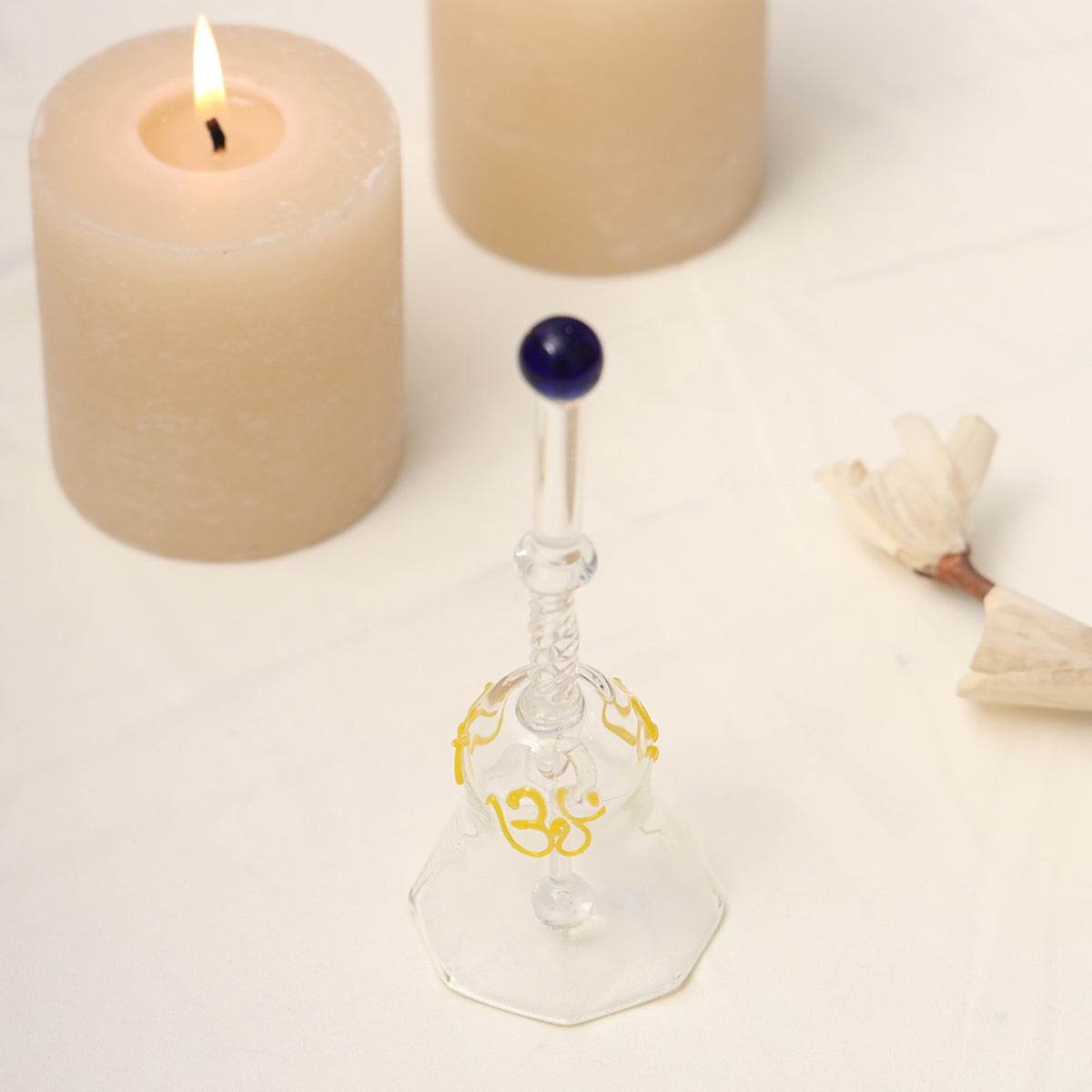 Sthula's Om Glass Bell Decorative Showpiece – Transparent Glass Hanging Bell with Yellow Om Design
