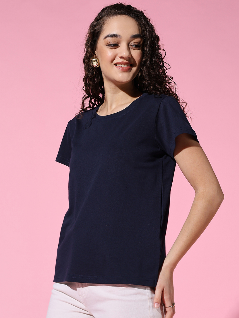 Sthula's Women Dark Blue Cotton T-Shirt