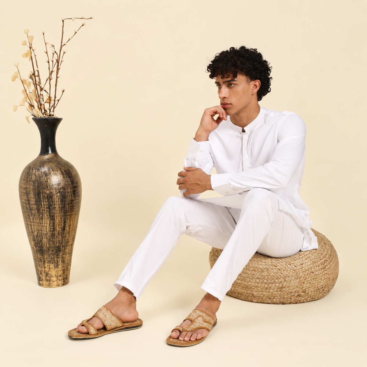 Sthula's Men’s Woven Strap Flat Sandals – Tan, Woven Material
