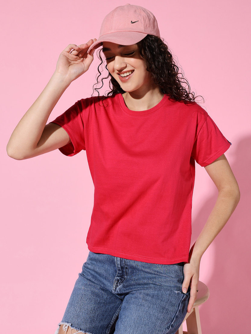 Sthula's Women Pink Cotton T-Shirt