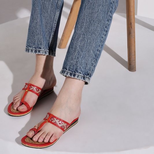 Sthula's  Women’s Red Woven Toe Loop Flat Slippers