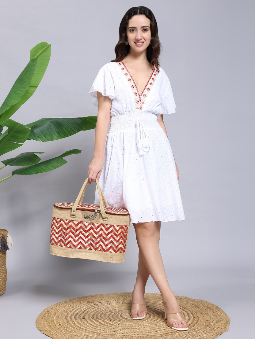 Sthula's Handwoven Bamboo Women’s Red Tote Bag