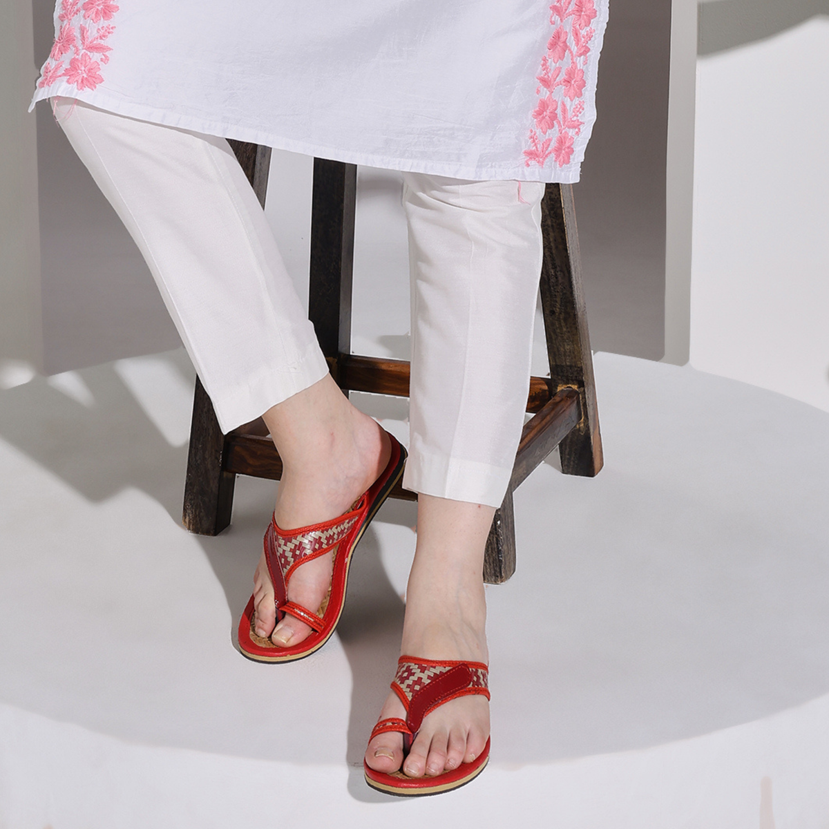 Sthula's Women’s Woven Strap Flat Sandals – Red, Synthetic