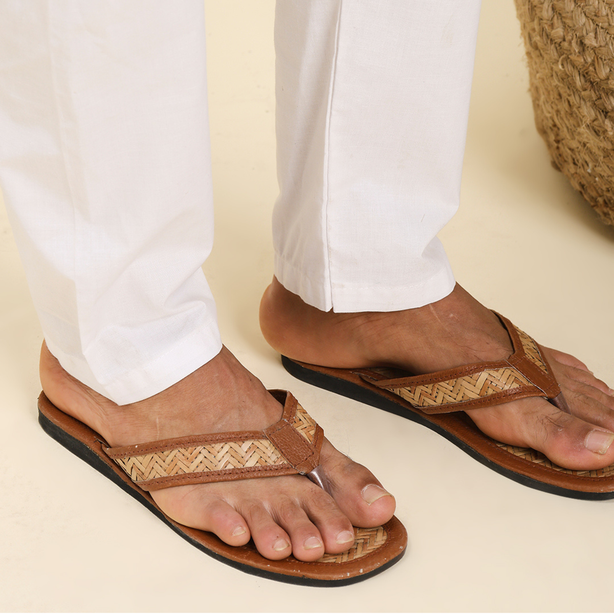 Sthula's Men’s Woven Thong Flat Sandals – Brown, Woven Material