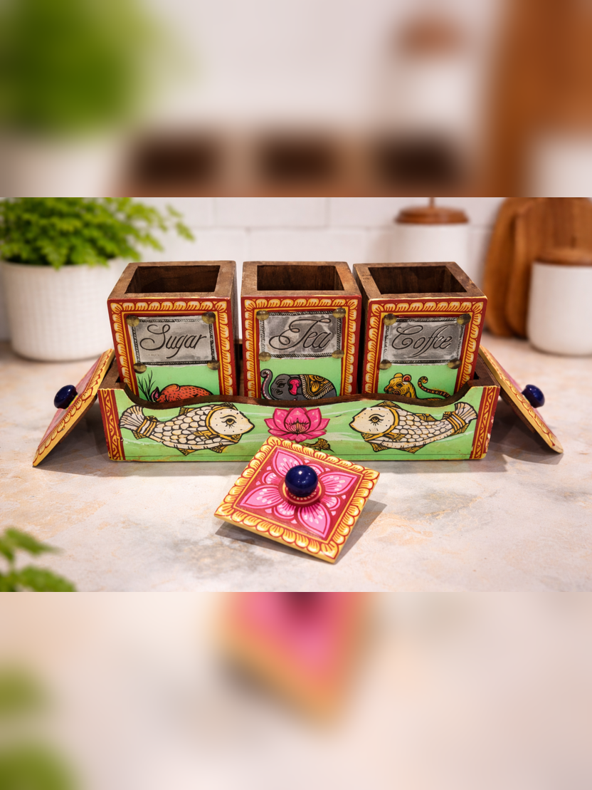 Sthula's Handcrafted Multicolor Wooden Sugar Tea Coffee Jar Set with Tray