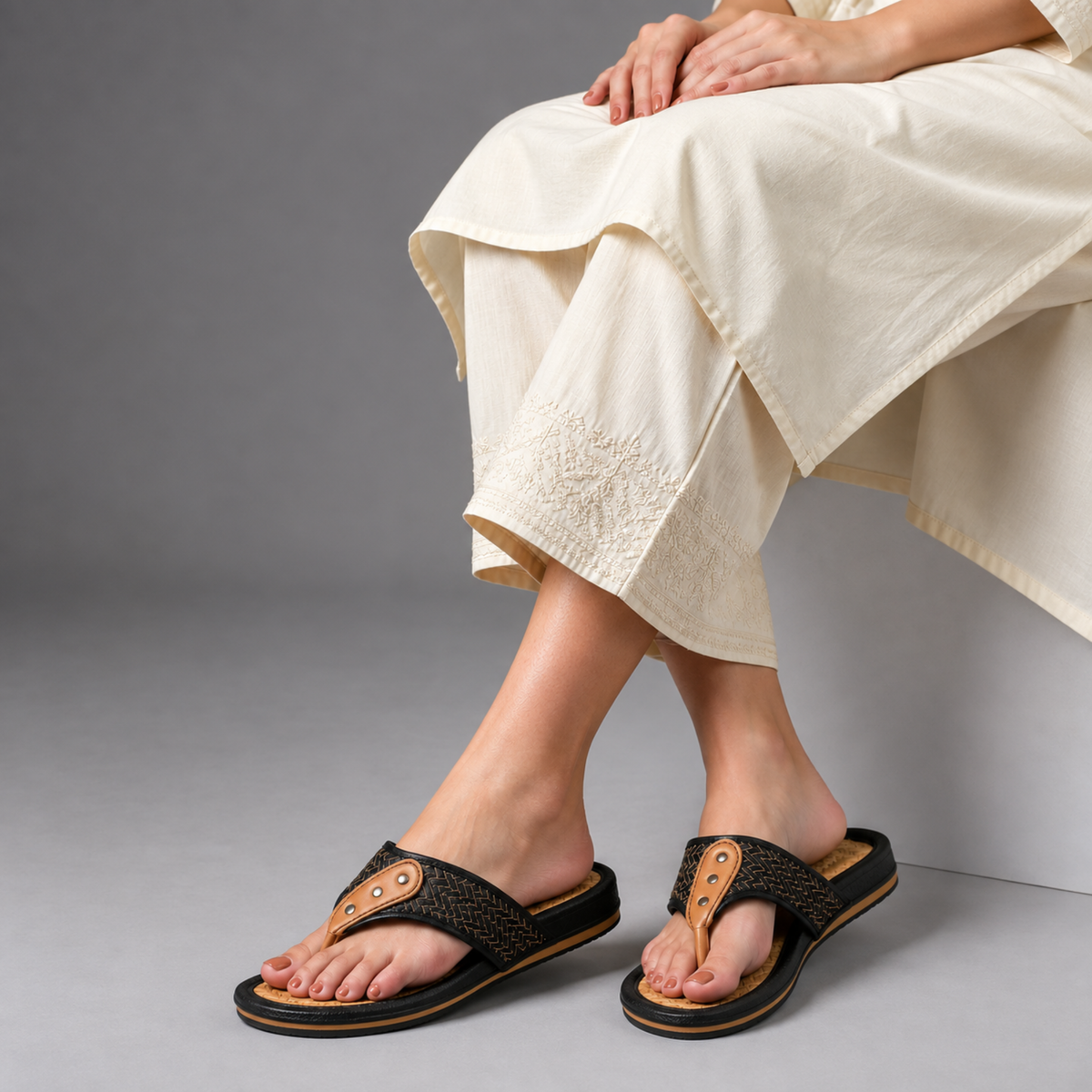 Sthula's Women’s Black Woven Toe Loop Flat Sandals
