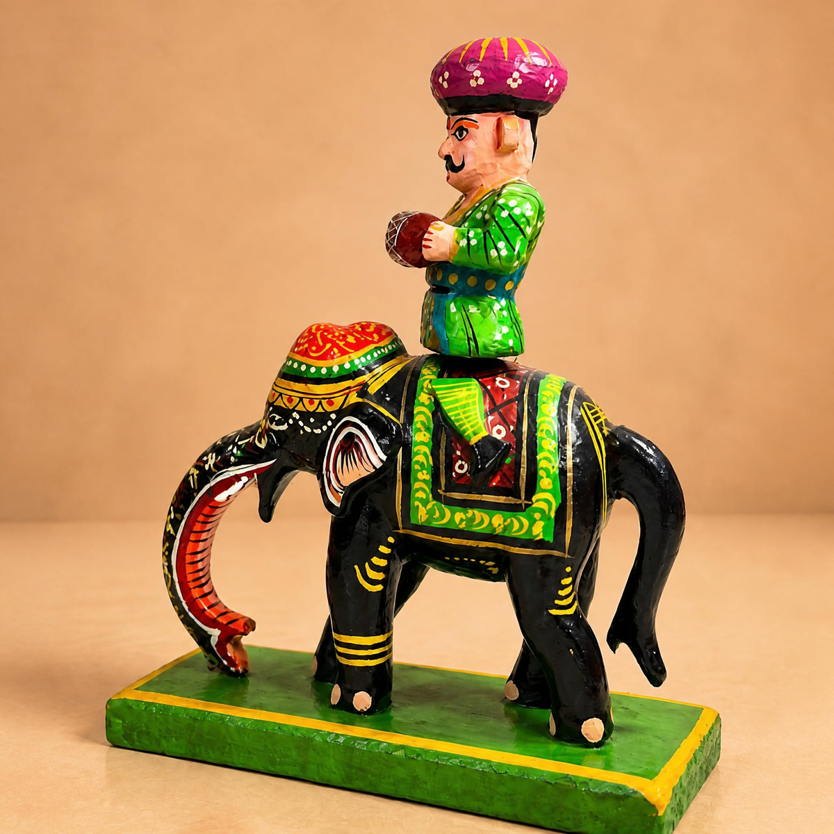 Sthula's Multicolor Wooden Elephant Rider Decorative Showpiece