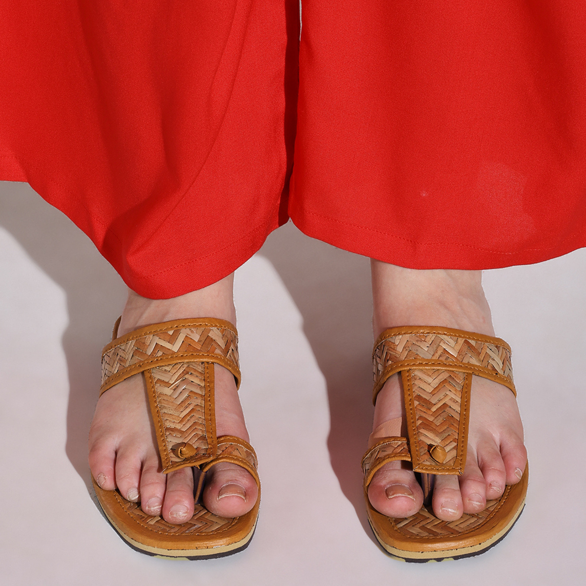 Sthula's Women’s Woven T-Strap Flat Sandals – Tan, Synthetic