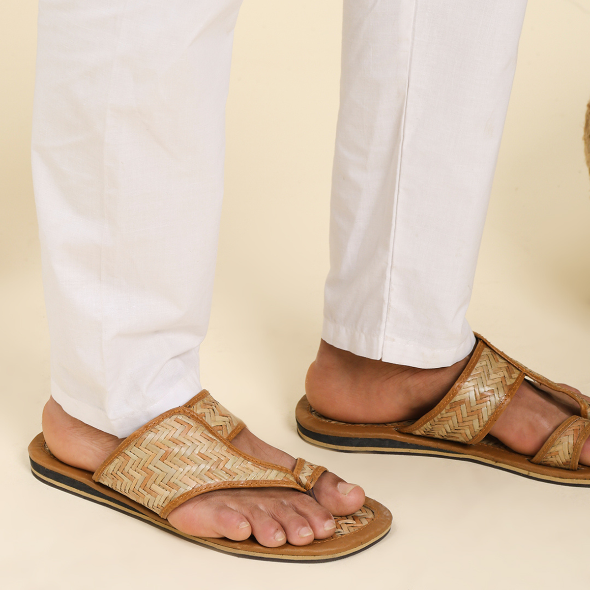 Sthula's Men’s Woven Pattern Flat Sandals – Tan, Synthetic & Woven Material