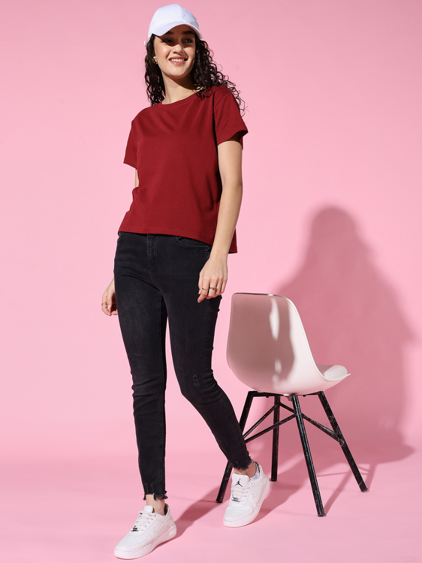 Sthula's Women Maroon Cotton T-Shirt