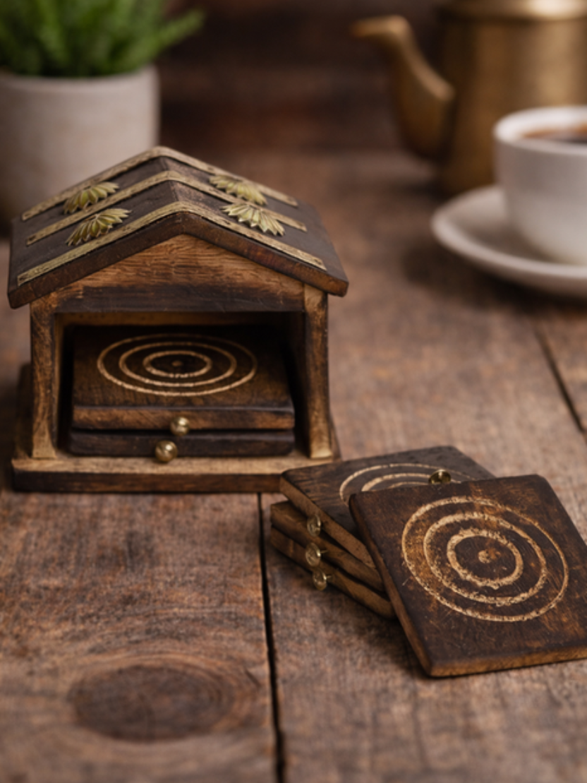 Sthula's Handcrafted Brown Wooden Coaster Set with House Holder