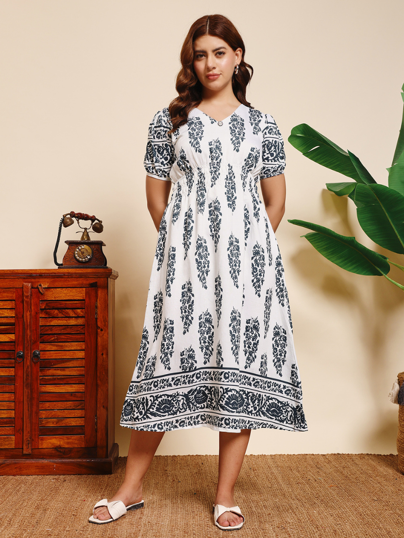 Sthula's White Cotton Printed Midi Dress