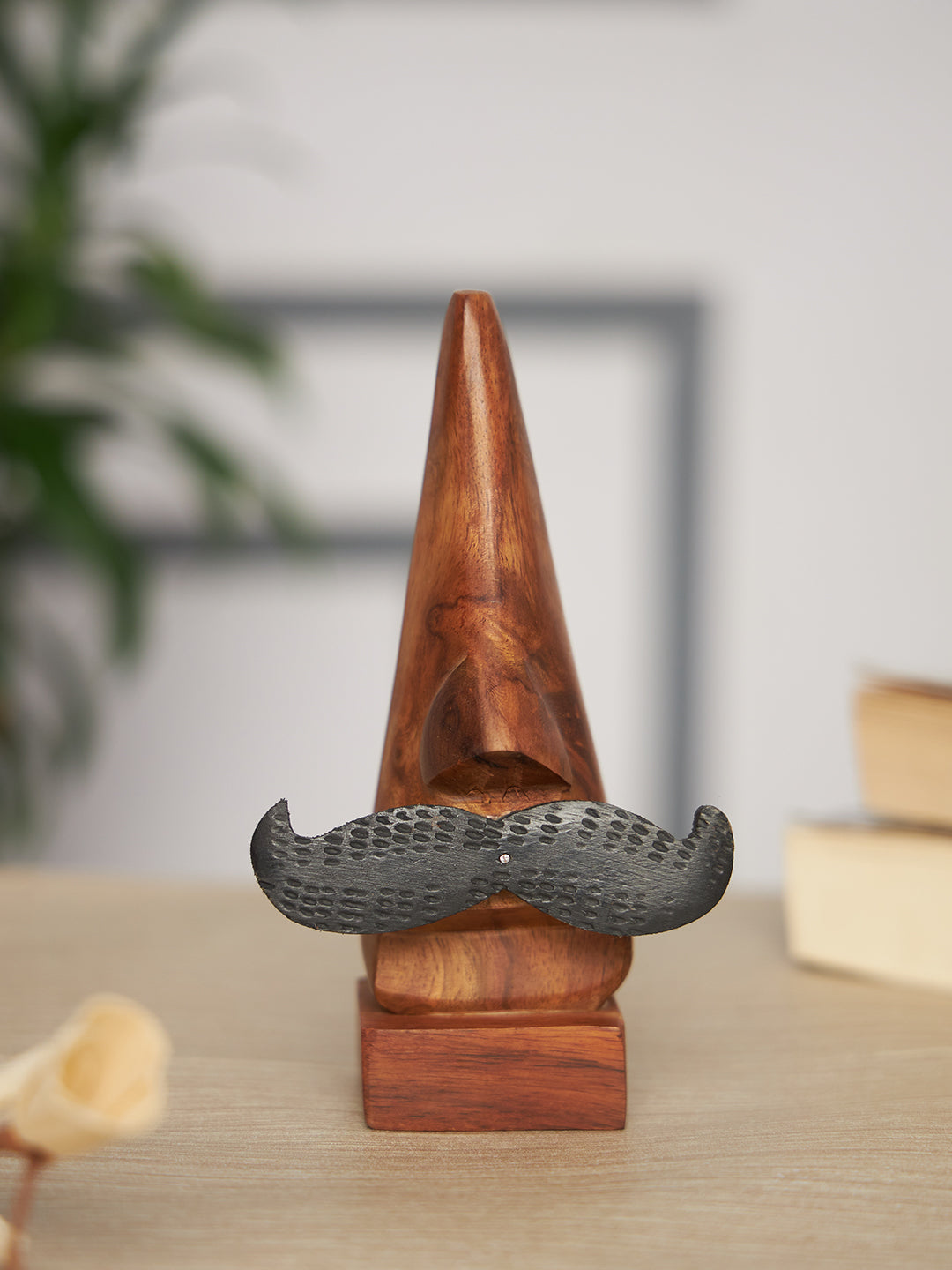 Sthula's Handcrafted Brown Wooden Eyeglass Holder Stand with Mustache Design