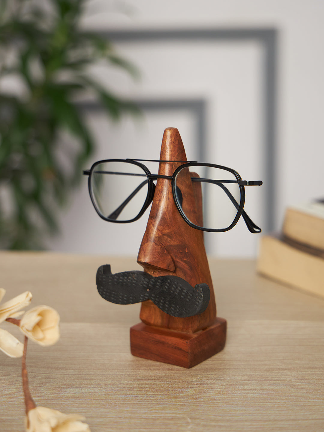 Sthula's Handcrafted Brown Wooden Eyeglass Holder Stand with Mustache Design