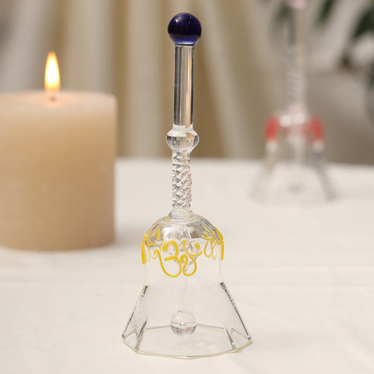 Sthula's Om Glass Bell Decorative Showpiece – Transparent Glass Hanging Bell with Yellow Om Design