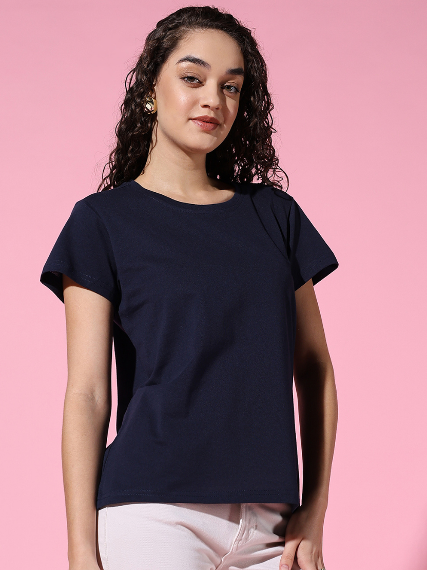 Sthula's Women Dark Blue Cotton T-Shirt