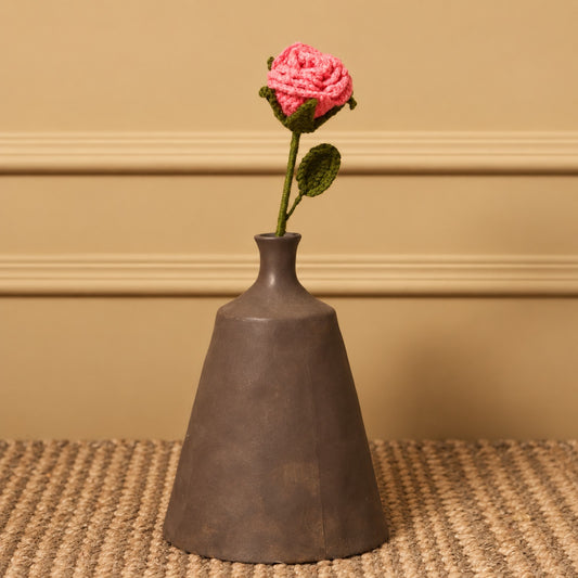 Sthula's Handmade Crochet Pink Rose Flower with Green Leaf & Stem