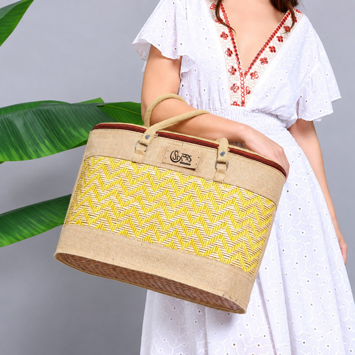 Sthula's  Handwoven Jute Handbag – Stylish Yellow & Beige Woven Tote Bag for Women
