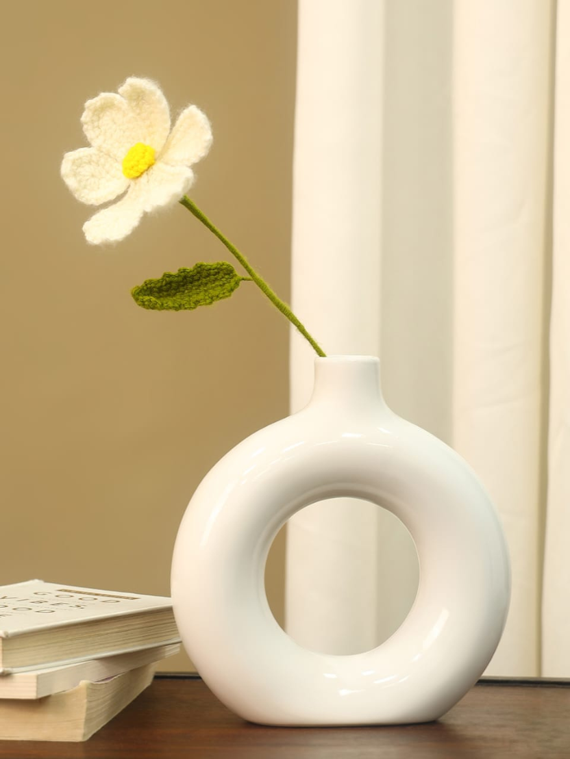 Sthula's Handcrafted Handmade White Wool Flower with Yellow Center & Leaf