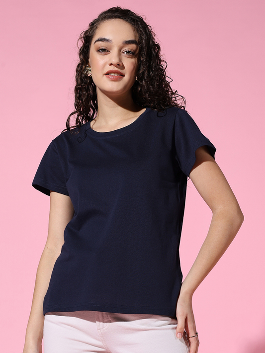 Sthula's Women Dark Blue Cotton T-Shirt