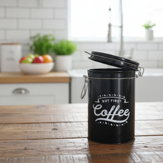 Sthula's  Black Metal Coffee Storage Canister – Airtight Kitchen Container with Lid