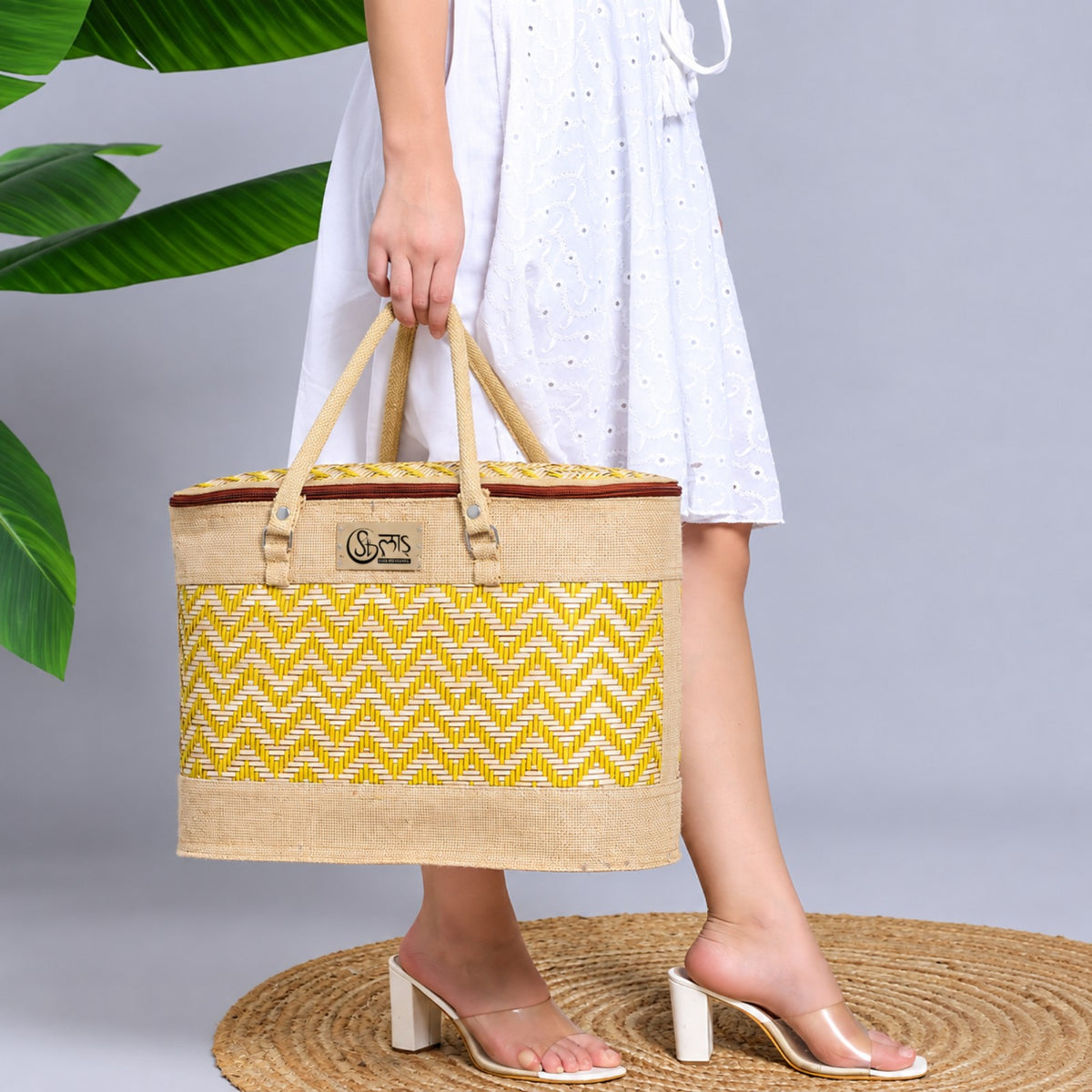 Sthula's  Handwoven Jute Handbag – Stylish Yellow & Beige Woven Tote Bag for Women