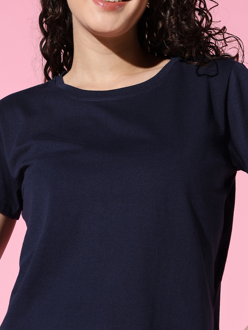 Sthula's Women Dark Blue Cotton T-Shirt