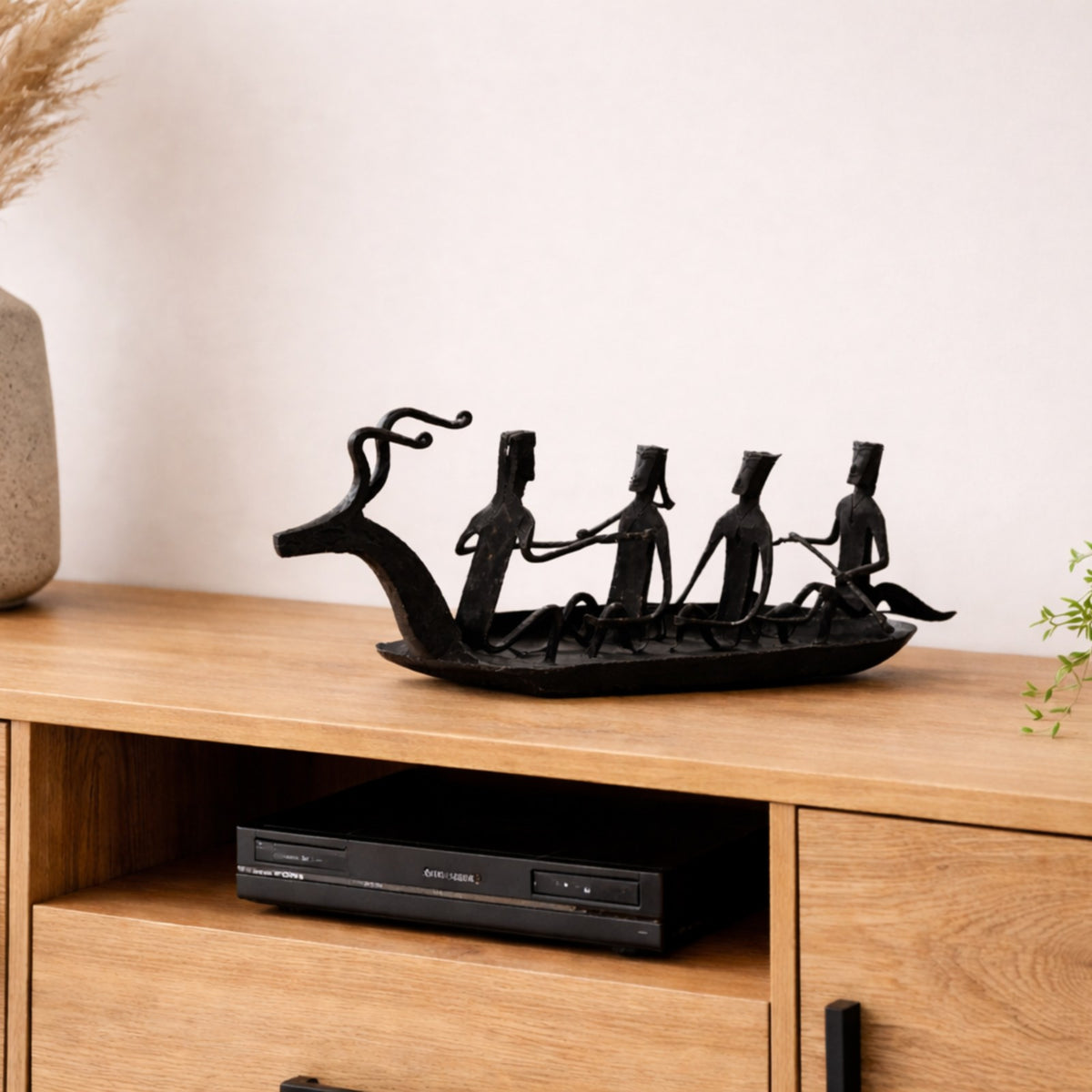 Sthula's  Tribal Musician Boat Decorative Showpiece – Black Metal Handmade Art