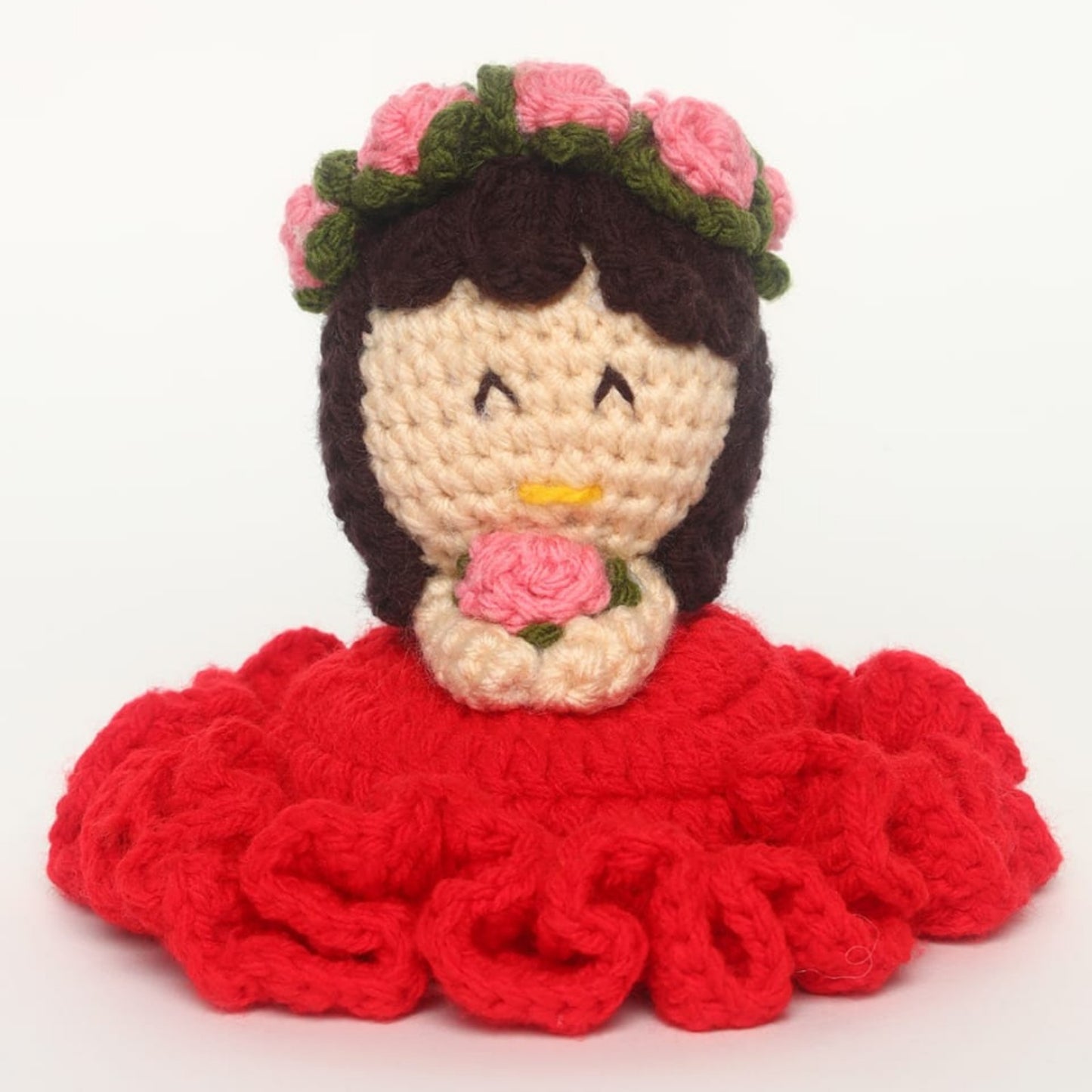 Sthula's Handmade Crochet Doll Soft Toy – Red Dress with Pink Flower Crown