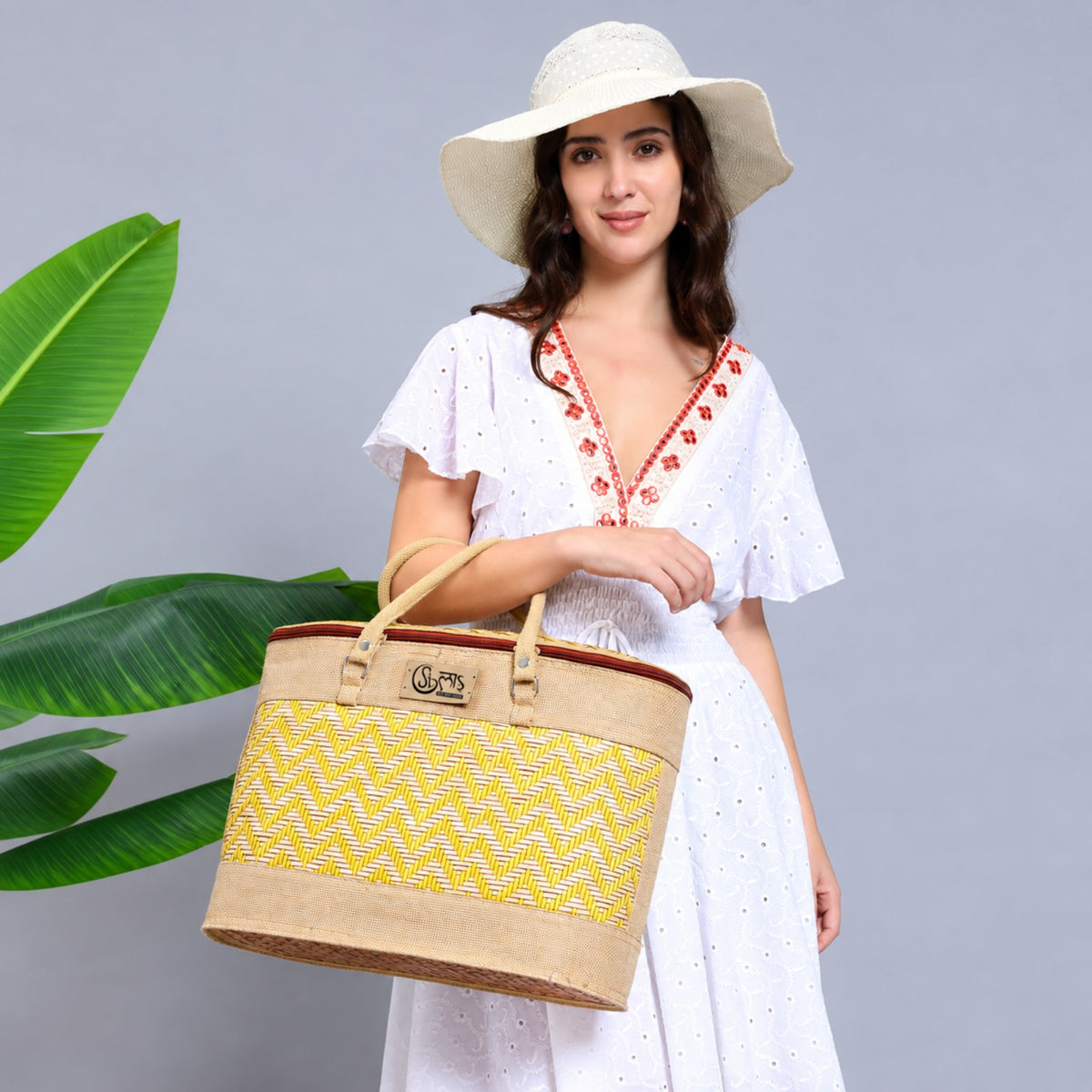 Sthula's  Handwoven Jute Handbag – Stylish Yellow & Beige Woven Tote Bag for Women