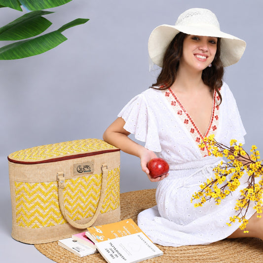 Sthula's  Handwoven Jute Handbag – Stylish Yellow & Beige Woven Tote Bag for Women
