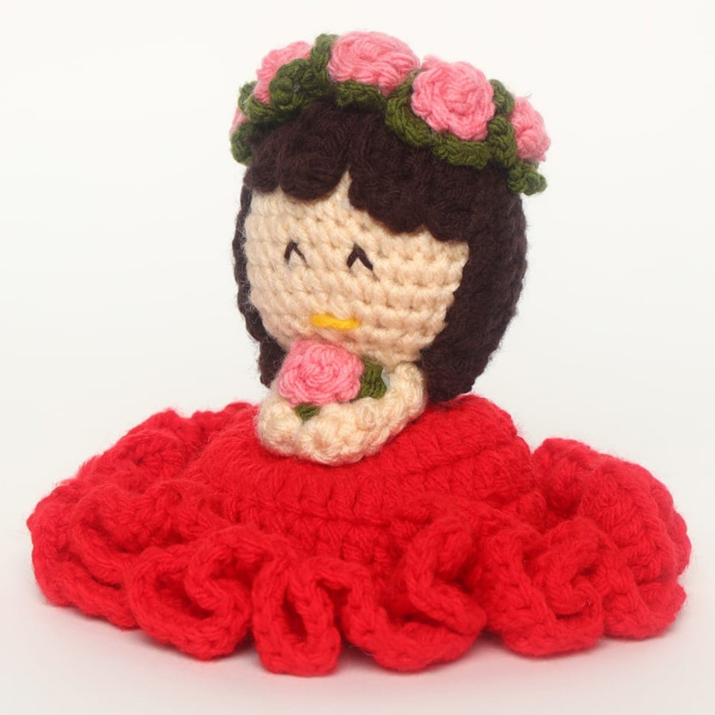 Sthula's Handmade Crochet Doll Soft Toy – Red Dress with Pink Flower Crown