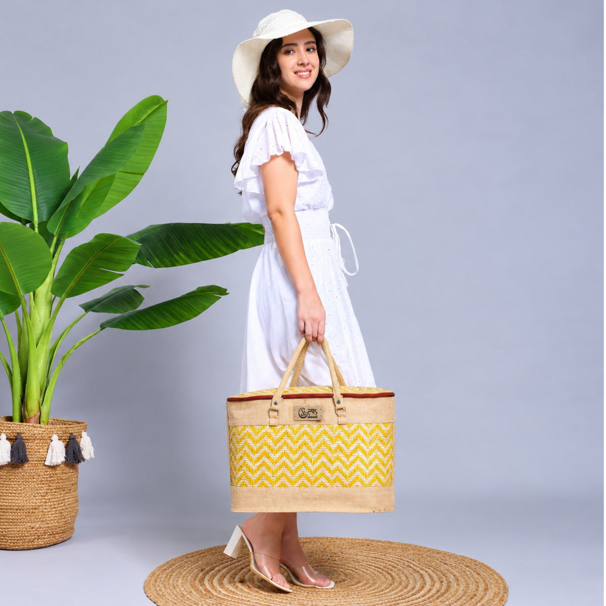 Sthula's  Handwoven Jute Handbag – Stylish Yellow & Beige Woven Tote Bag for Women