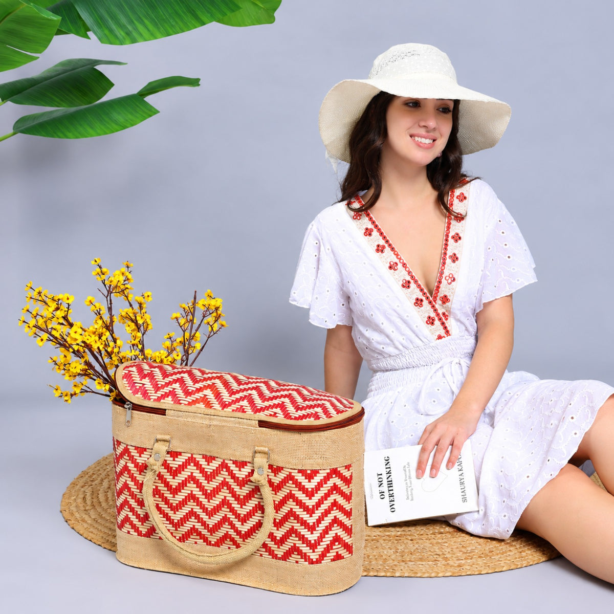 Sthula's Handwoven Jute Handbag – Stylish Red & Beige Woven Tote Bag for Women