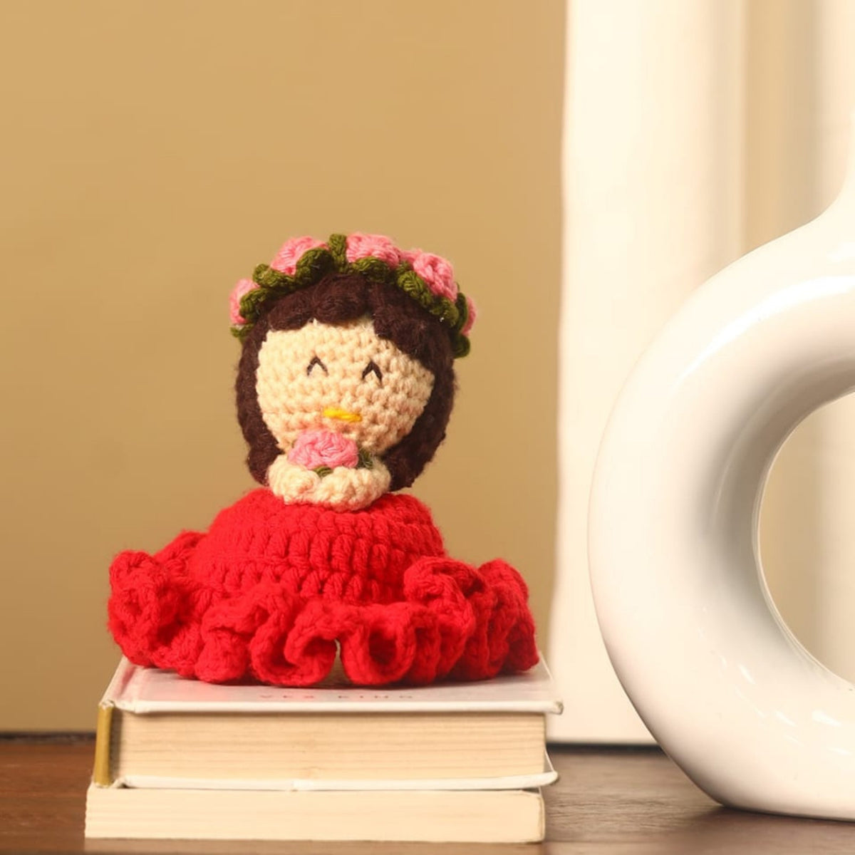 Sthula's Handmade Crochet Doll Soft Toy – Red Dress with Pink Flower Crown