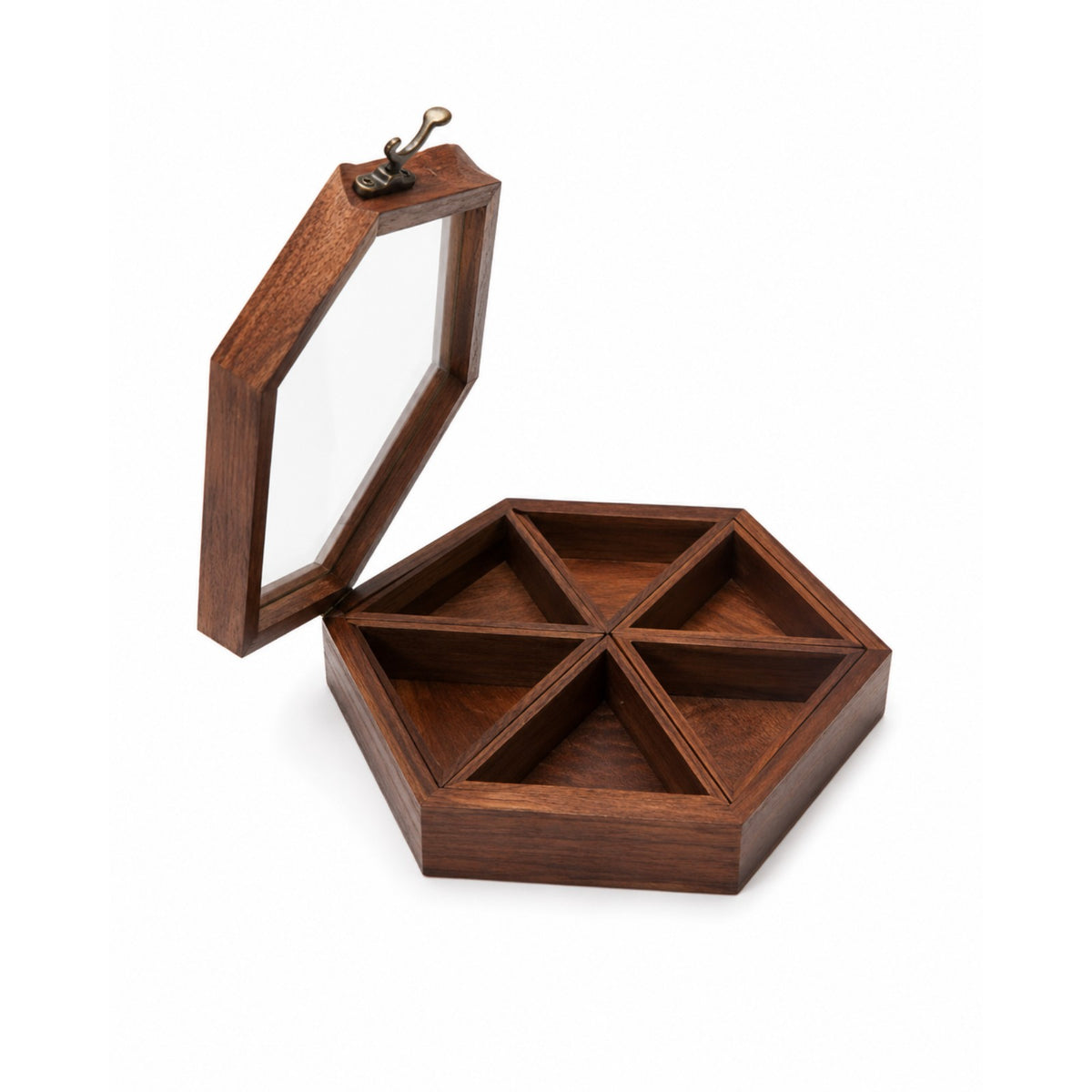 Sthula's Handmade Wooden Brown Hexagonal Spice Storage Box With 6 Compartments