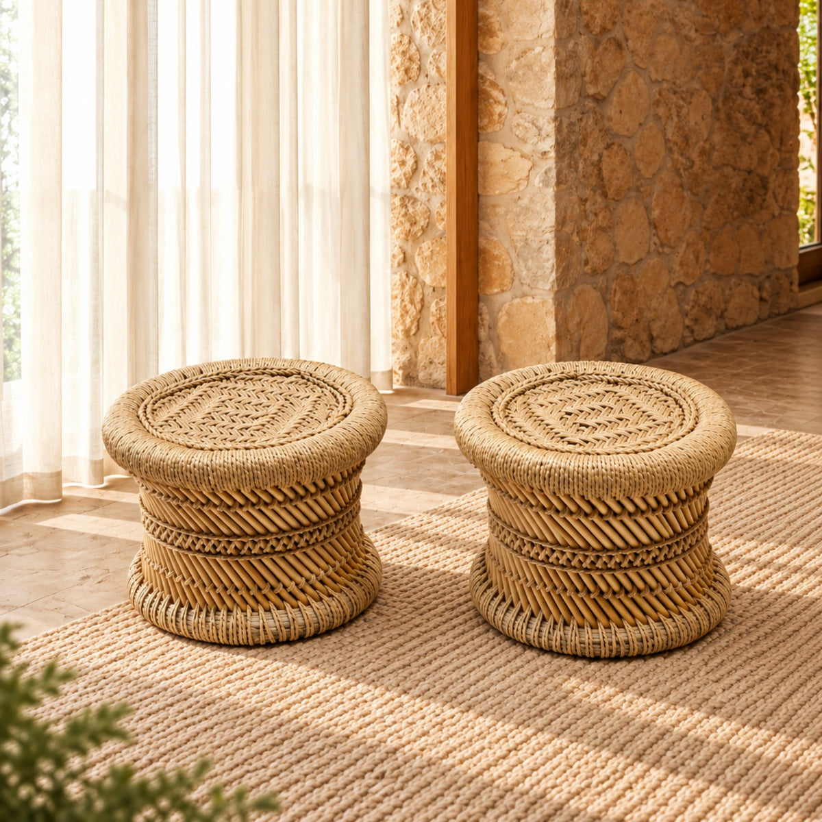 Sthula's Handmade Cane Stool – Natural Woven Round Stool Set