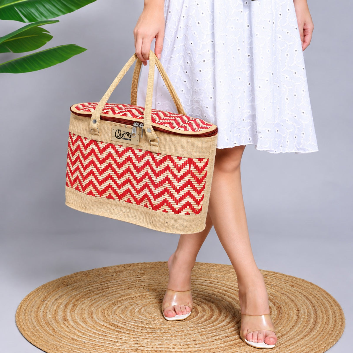 Sthula's Handwoven Jute Handbag – Stylish Red & Beige Woven Tote Bag for Women