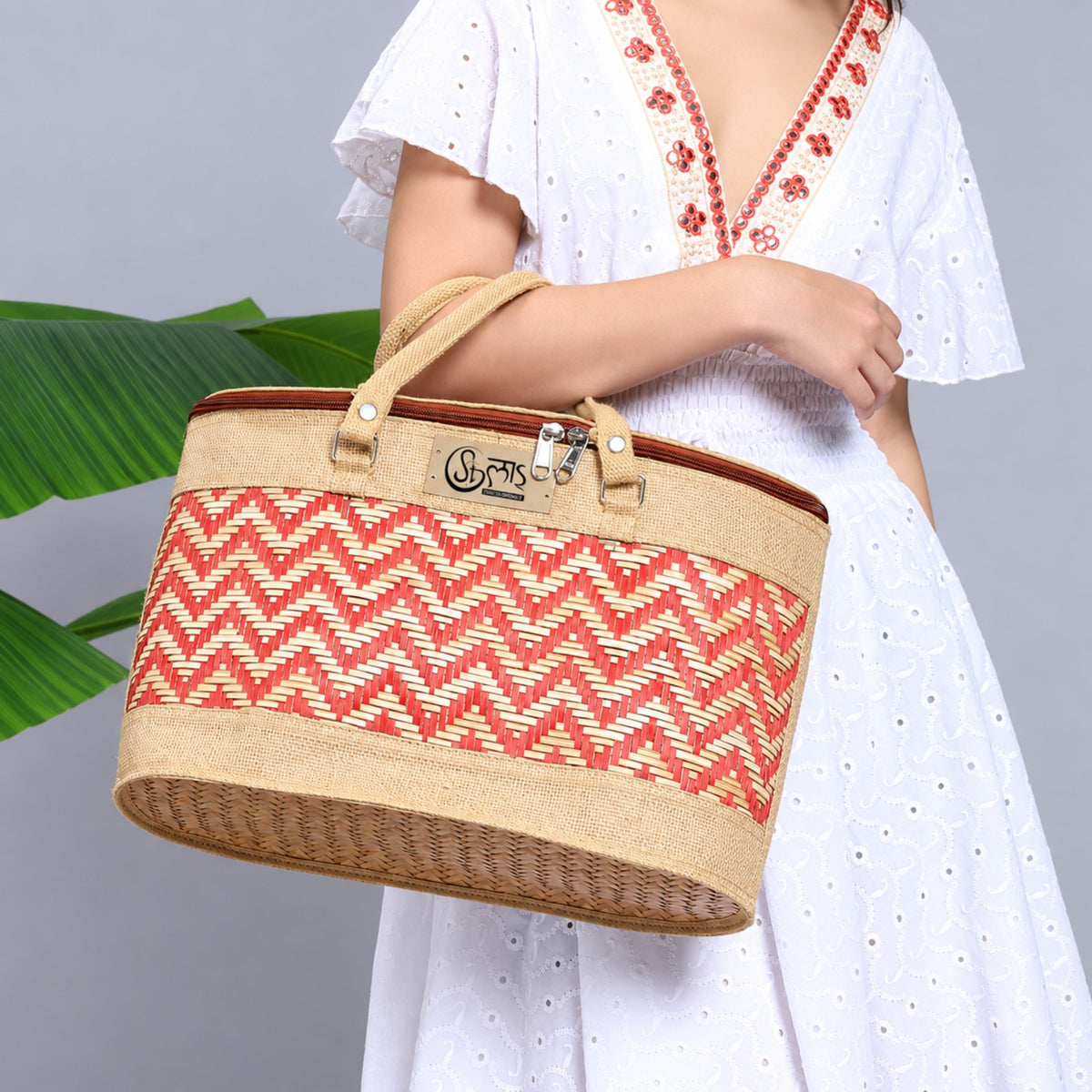 Sthula's Handwoven Jute Handbag – Stylish Red & Beige Woven Tote Bag for Women