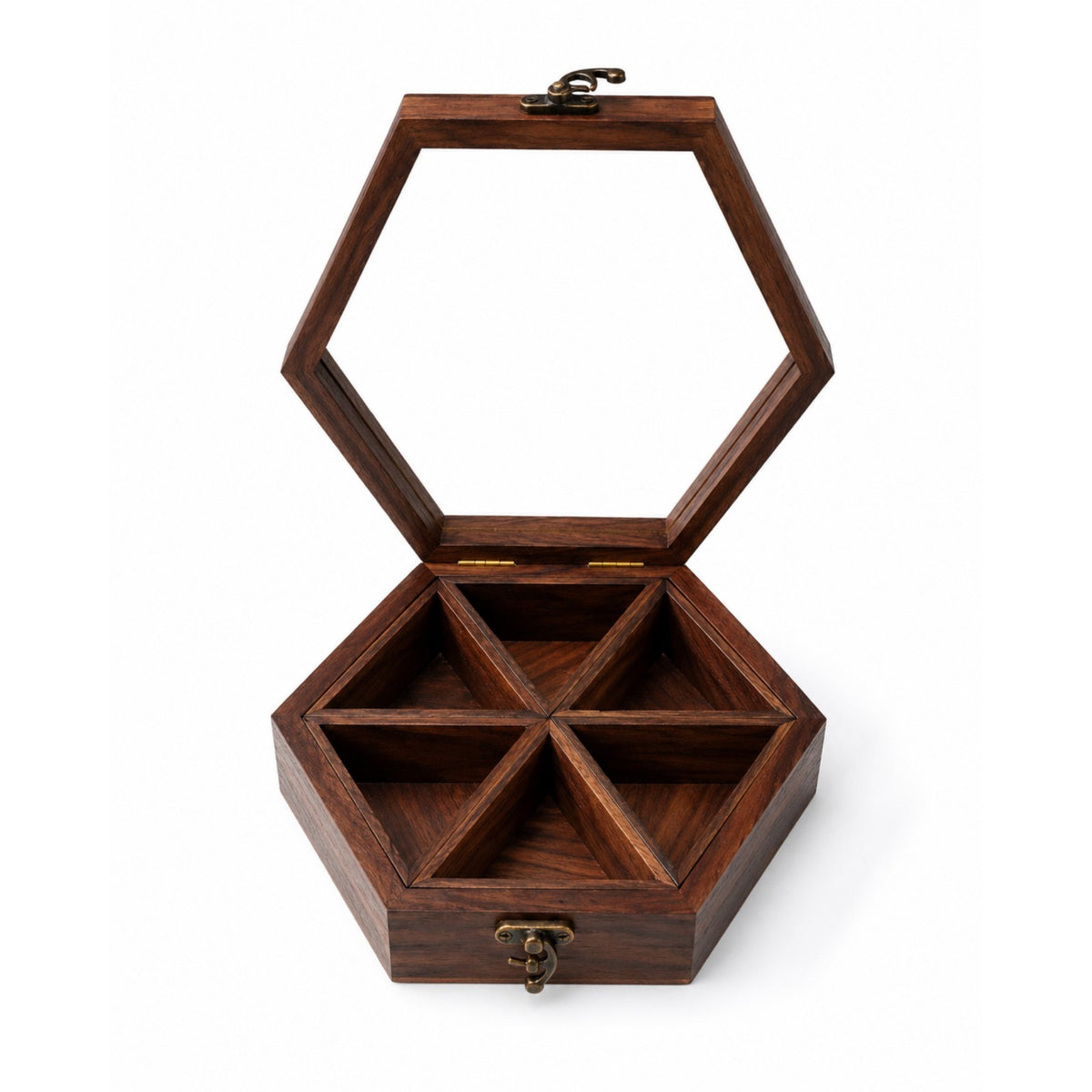 Sthula's Handmade Wooden Brown Hexagonal Spice Storage Box With 6 Compartments