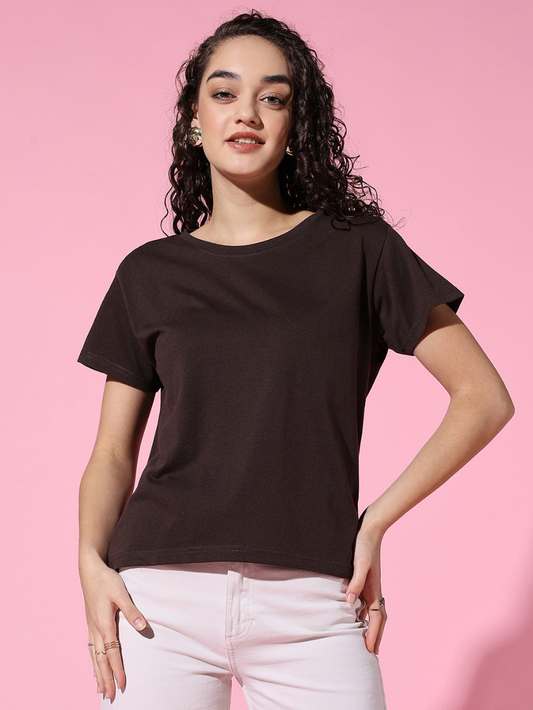 Sthula's Women Brown Cotton T-Shirt